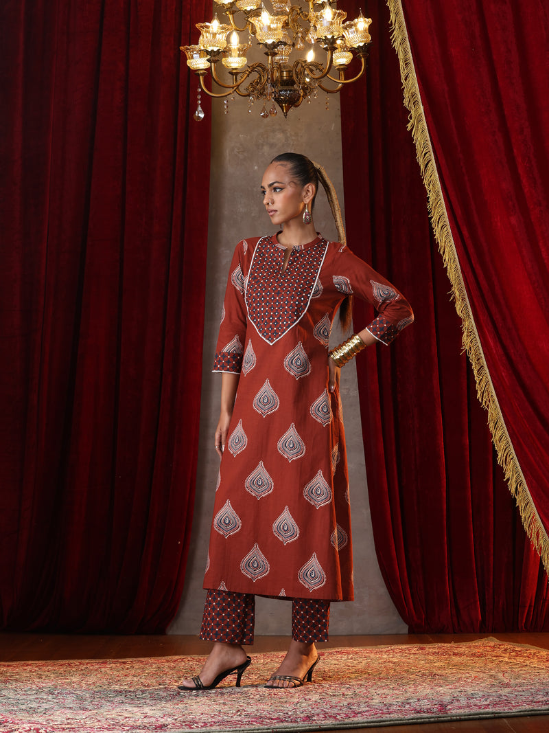 Khushal K Women Cotton kurta and palazzo with dupatta set - Rust