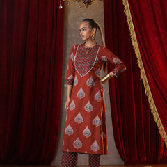 Khushal K Women Cotton kurta and palazzo with dupatta set - Rust