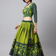 Floral Printed Cotton Lehenga & Blouse With Dupatta