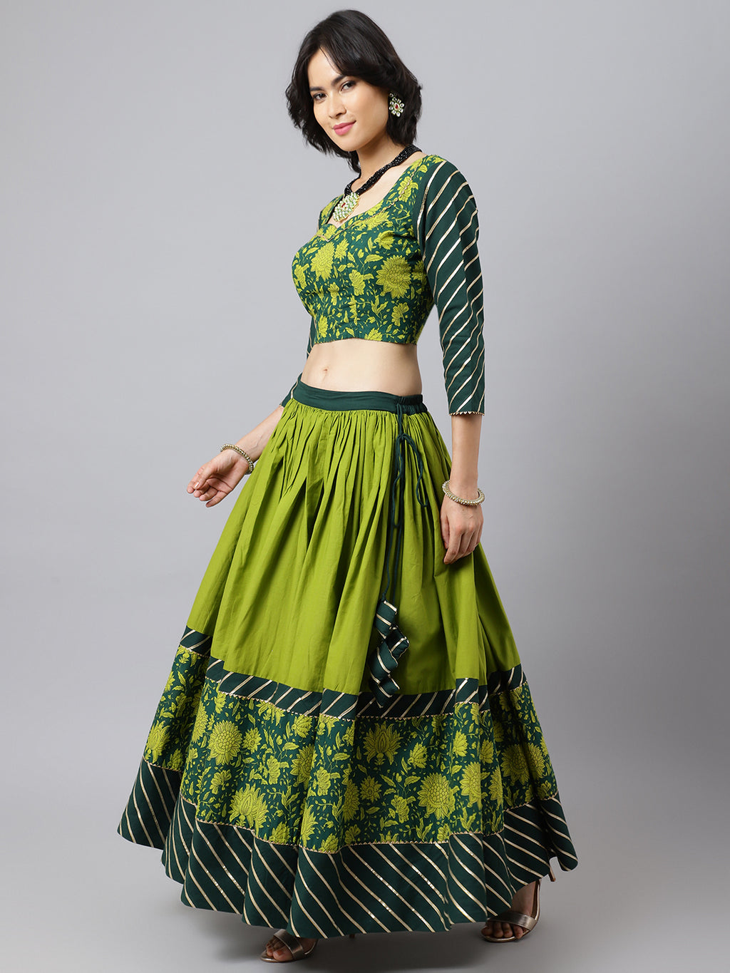 Floral Printed Cotton Lehenga & Blouse With Dupatta
