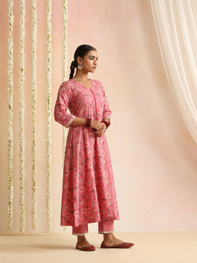 Women Floral Printed Cotton Anarkali Kurta with Trousers & Dupatta
