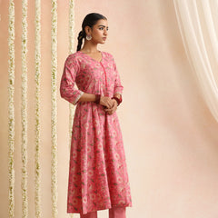 Women Floral Printed Cotton Anarkali Kurta with Trousers & Dupatta
