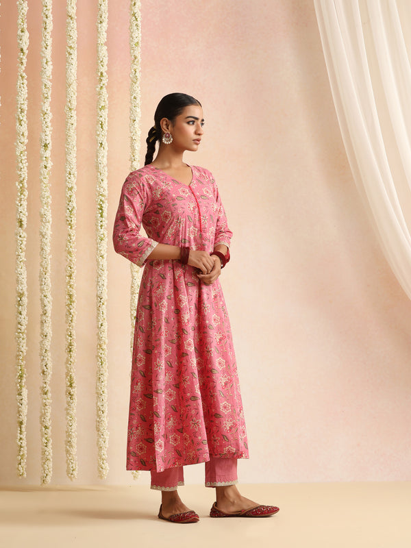 Women Floral Printed Cotton Anarkali Kurta with Trousers & Dupatta