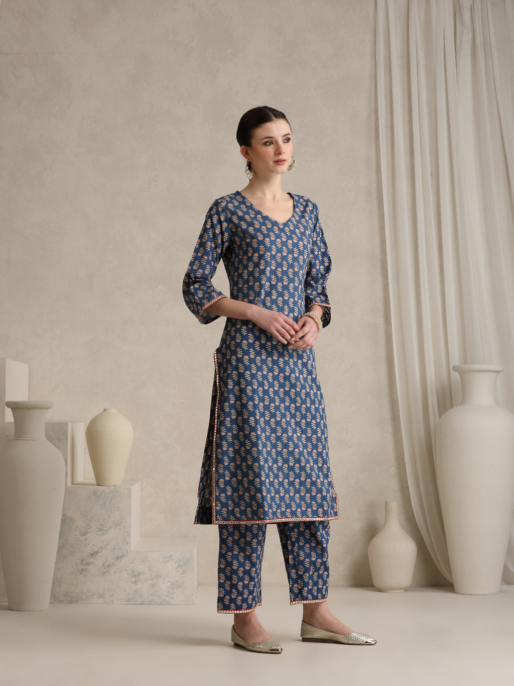 Floral Printed V-Neck Pure Cotton Kurta With Palazzos And Dupatta