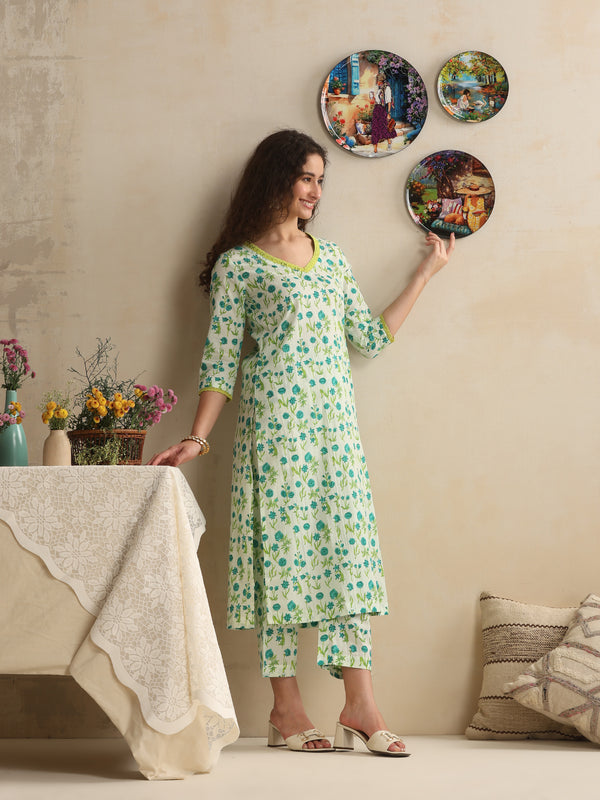 Khushal K Women Floral Printed Regular Pure White Cotton Kurta & Palazzo With Dupatta