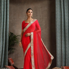 Red Poly Chiffon Fashion Saree