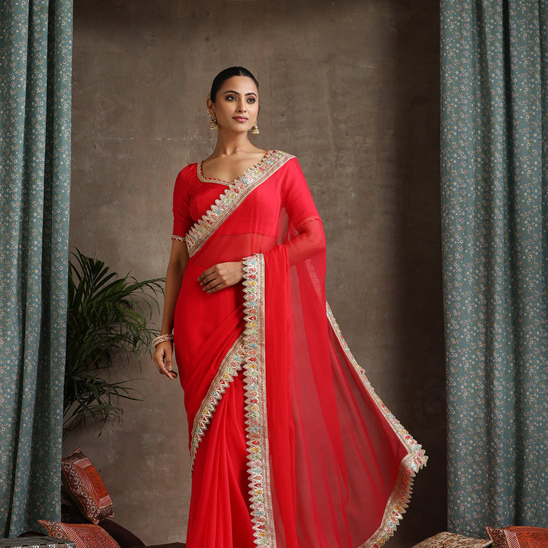 Red Poly Chiffon Fashion Saree - Khushal K - Image 5