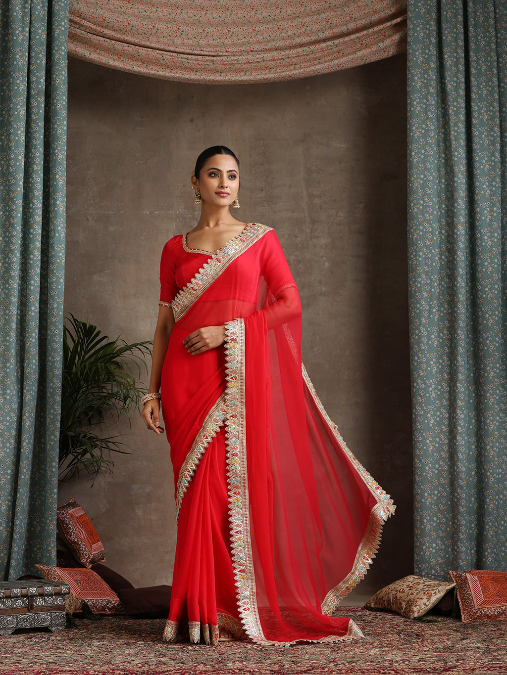 Red Poly Chiffon Fashion Saree