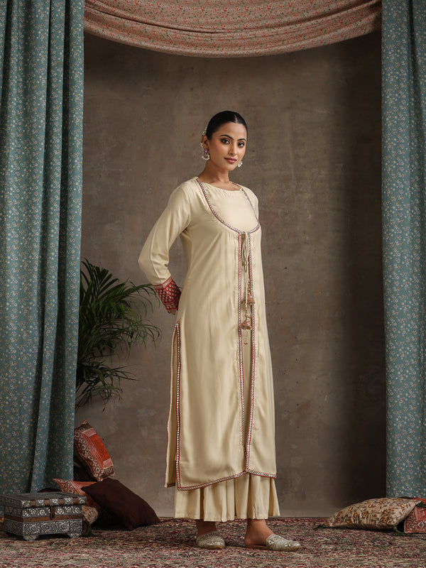 Geometric Embroidered Mirror Work A-Line Kurta With Sharara & Dupatta