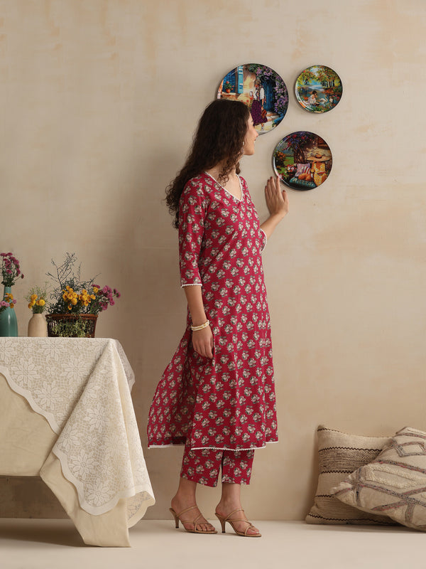 Khushal K Women Pink Floral Printed Regular Pure Cotton Kurta & Palazzo With Dupatta
