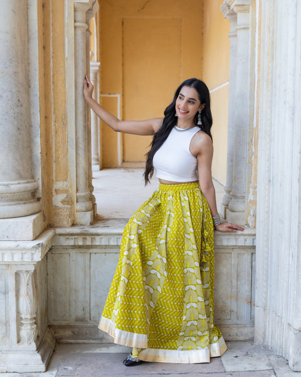 Khushal K Women's Green Printed Cotton Flared Maxi Skirt
