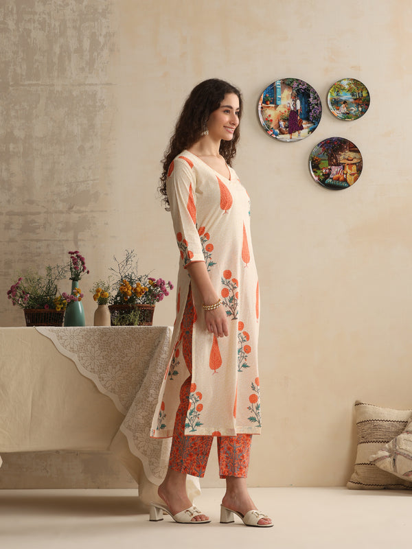Khushal K Women Floral Off-White Printed Regular Pure Cotton Kurta & Palazzo With Dupatta