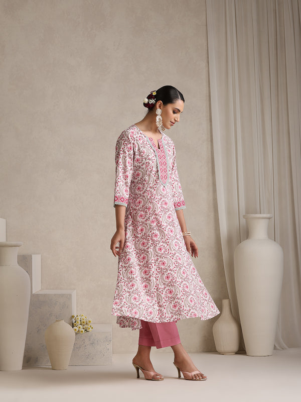 Women Floral Printed Angrakha Pure Cotton Kurta with Palazzos & With Dupatta