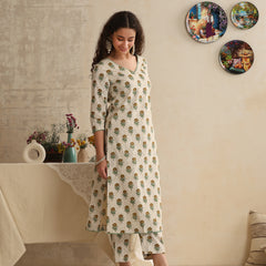 Khushal K Women Floral Printed Regular Pure Cotton Cream Kurta & Palazzo With Dupatta