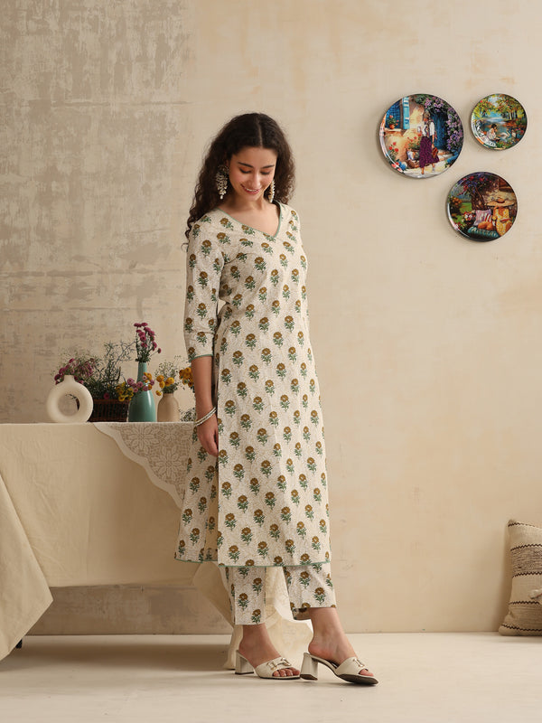 Khushal K Women Floral Printed Regular Pure Cotton Cream Kurta & Palazzo With Dupatta