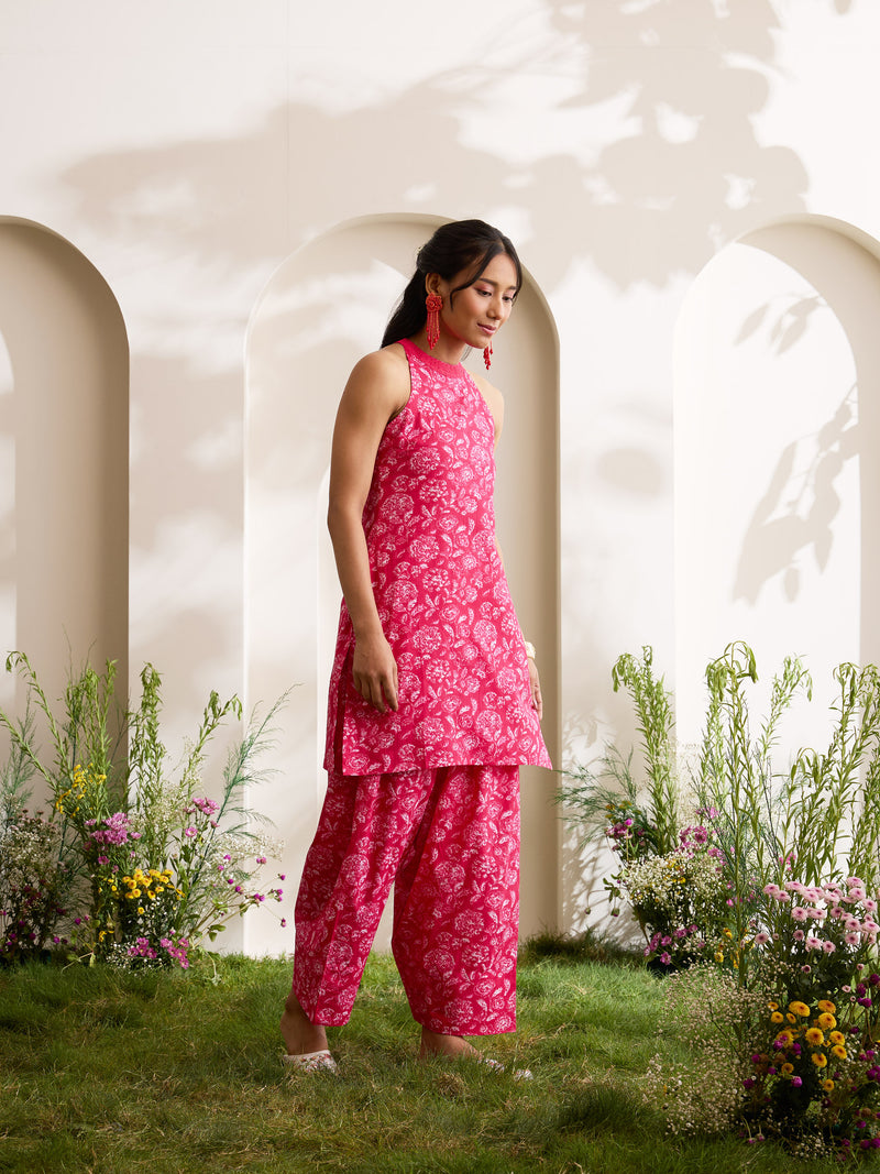 Khushal K Women Cotton Kurti With Farshi Salwar Set - Pink