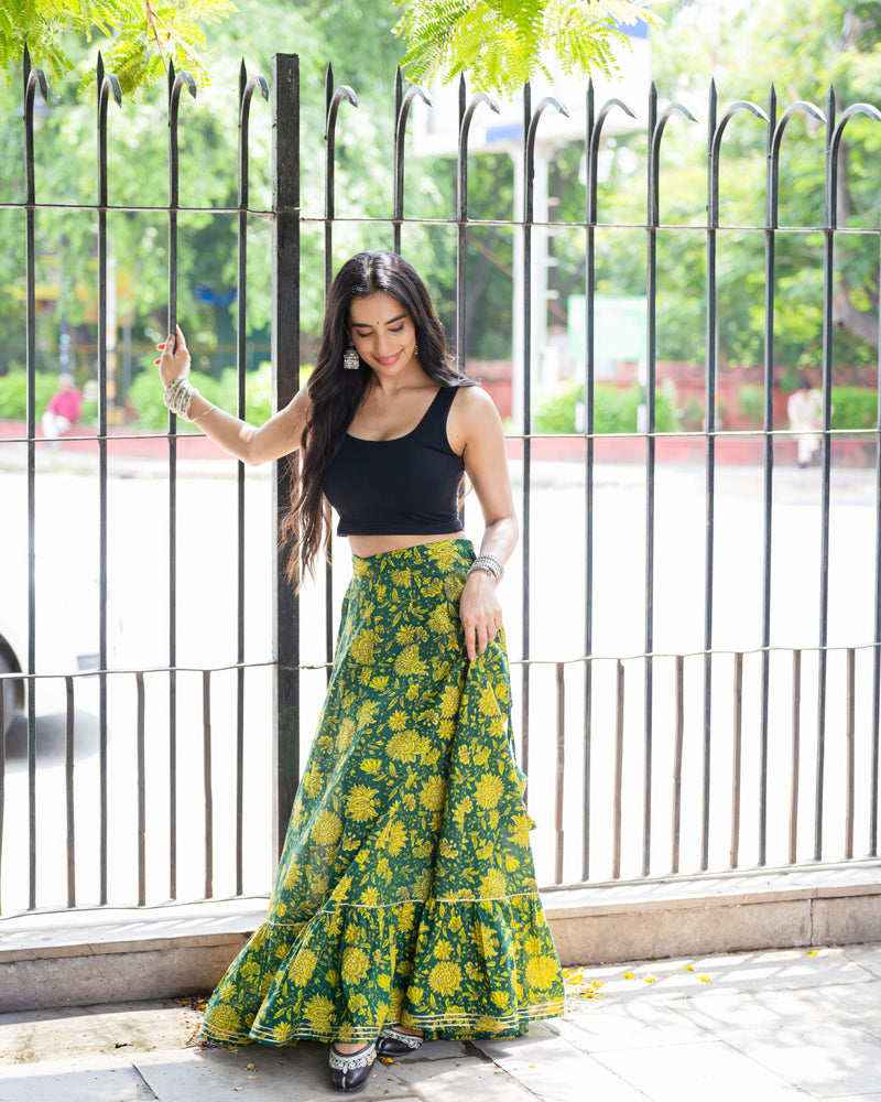 Khushal K Women's Green Printed Cotton Flared Maxi Skirt