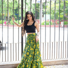 Khushal K Women's Green Printed Cotton Flared Maxi Skirt
