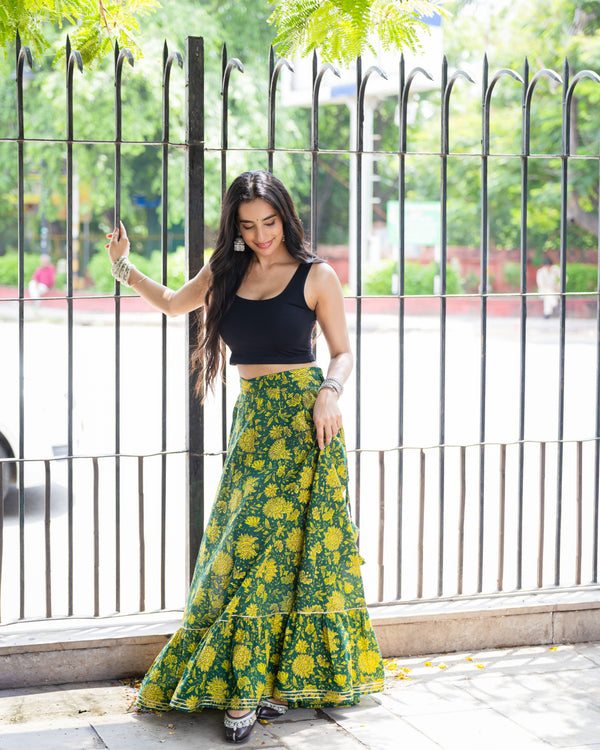 Khushal K Women's Green Printed Cotton Flared Maxi Skirt