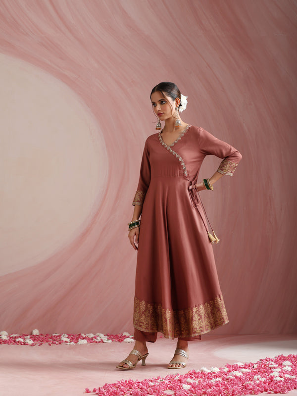 Women Ethnic Motifs Angrakha Thread Work Kurta with Trousers & With Dupatta