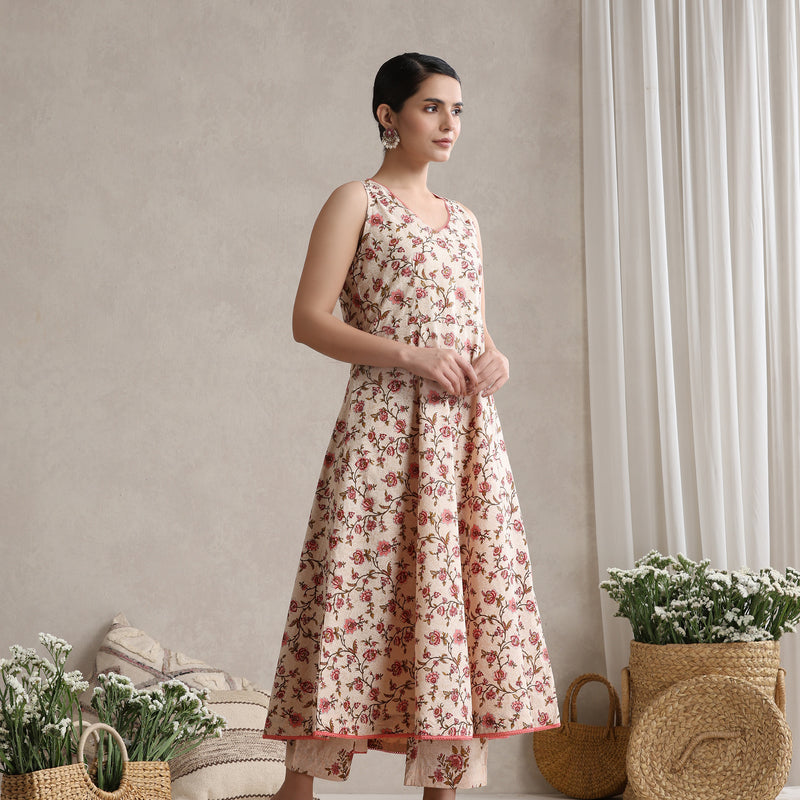 Women Cream Floral Printed Angrakha Pure Cotton Kurta with Palazzos & Dupatta - Khushal K - Image 5