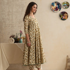 Khushal K Women Floral Printed Regular Pure Cotton Kurta & Palazzo With Dupatta Cream