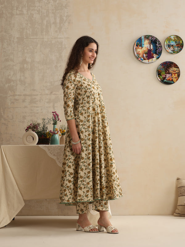 Khushal K Women Floral Printed Regular Pure Cotton Kurta & Palazzo With Dupatta Cream