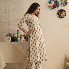 Khushal K Women Floral Printed Regular Pure Cotton Cream Kurta & Palazzo With Dupatta
