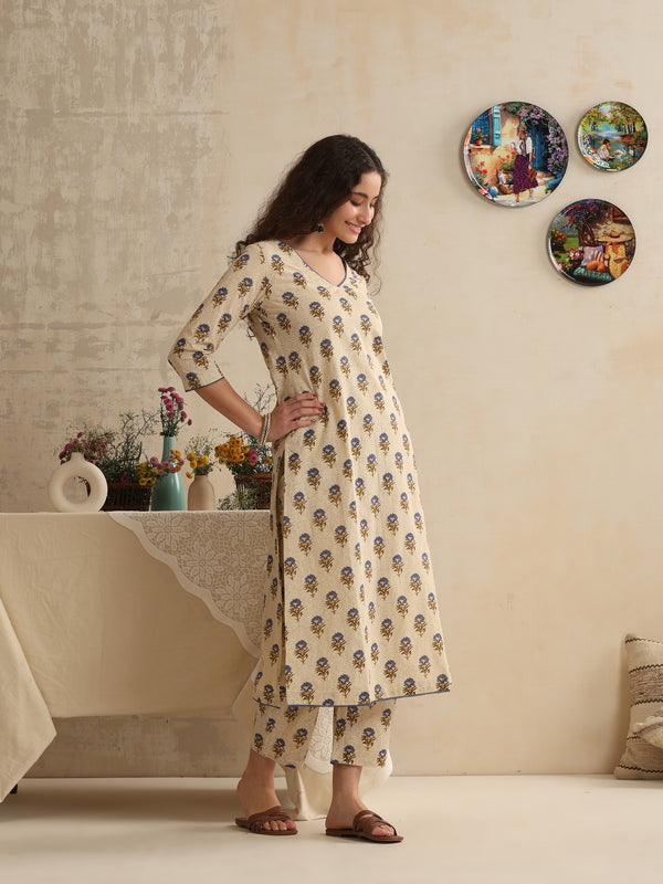 Khushal K Women Floral Printed Regular Pure Cotton Cream Kurta & Palazzo With Dupatta