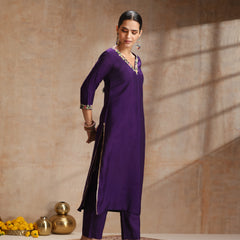 Khushal K Women Pure Silk purple Embroidered Kurta & Palazzo With Dupatta