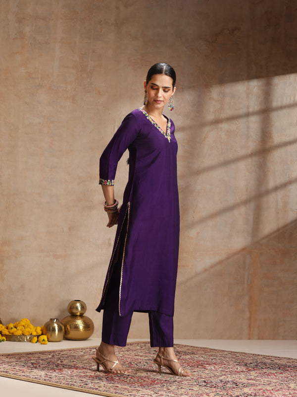 Khushal K Women Pure Silk purple Embroidered Kurta & Palazzo With Dupatta