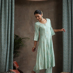 Ethnic Motifs Printed Panelled A-Line Pure Cotton Kurta with Palazzos & Dupatta