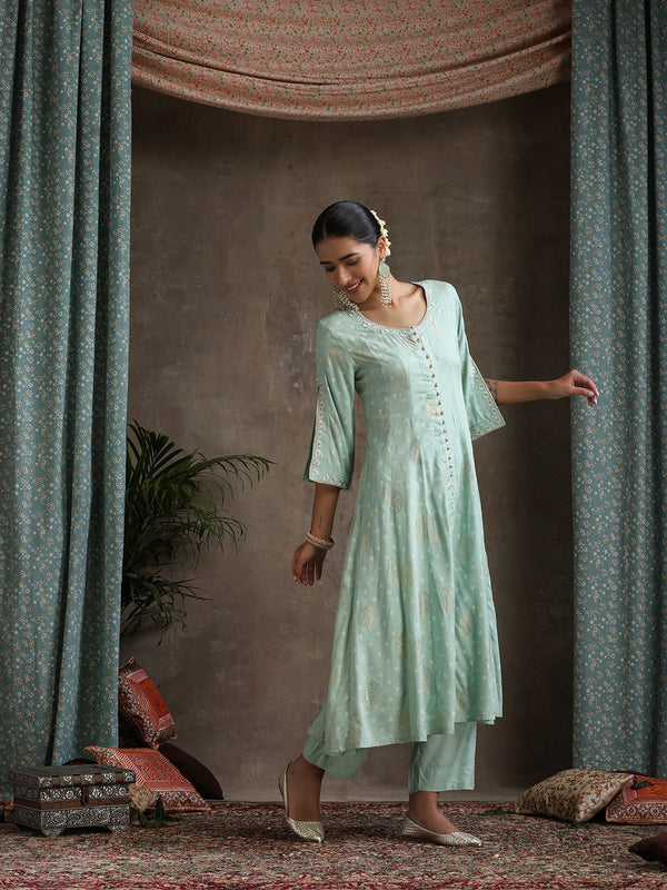 Ethnic Motifs Printed Panelled A-Line Pure Cotton Kurta with Palazzos & Dupatta