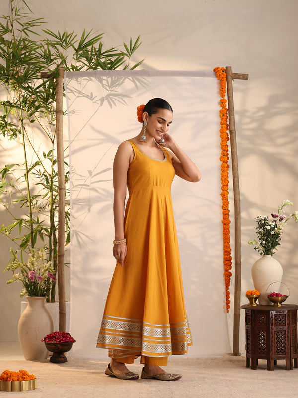 Khushal K Women Cotton Kurta and Palazzo With Dupatta Set - Mustard