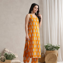 Khushal K Floral Printed V-Neck Pure Cotton Straight Kurta set