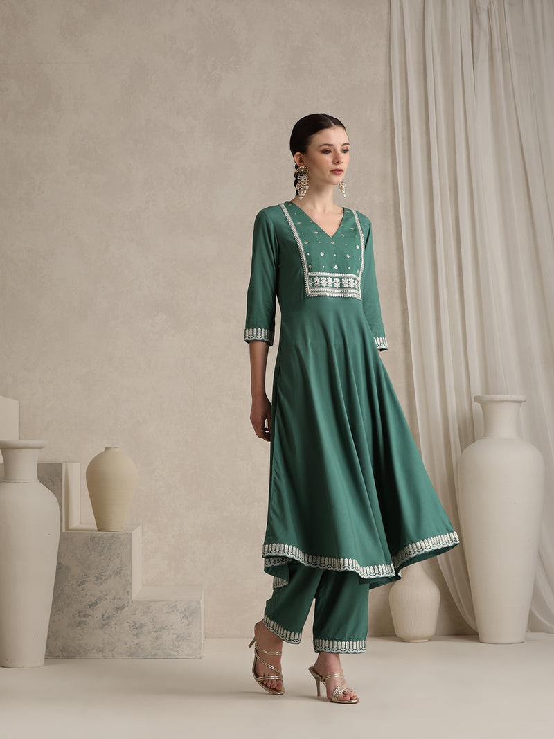 Khushal K Ethnic Motifs Green  Anarkali Sequinned Kurta set