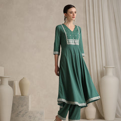 Khushal K Ethnic Motifs Green  Anarkali Sequinned Kurta set