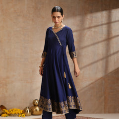 Women’s Ethnic Embroidered Angrakha Kurta Set with Trousers and Dupatta
