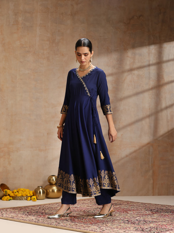 Women’s Ethnic Embroidered Angrakha Kurta Set with Trousers and Dupatta