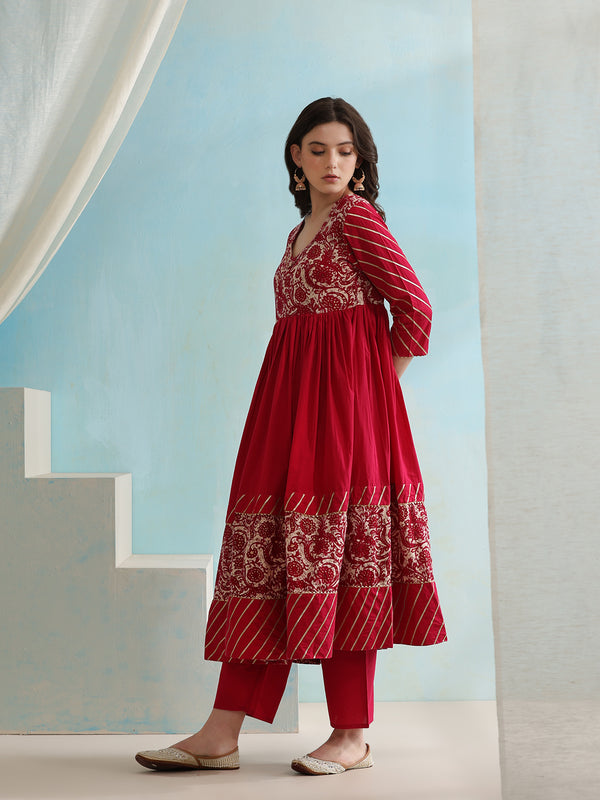 Floral Printed V-Neck Anarkali Kurta with Palazzos & Dupatta