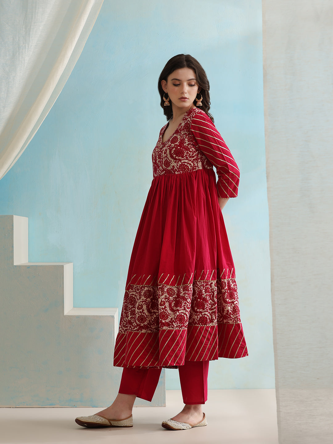 Floral Printed V-Neck Anarkali Kurta with Palazzos & Dupatta