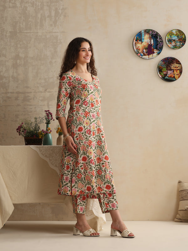 Khushal K Women Floral Printed Regular Pure Cotton White Kurta & Palazzo With Dupatta