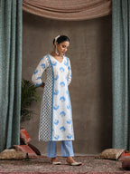 Women Floral Printed Cotton Kurta with Palazzo & Dupatta