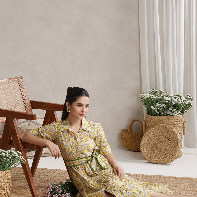 Women Floral Print Shirt Dress - Yellow - Khushal K - Image 5