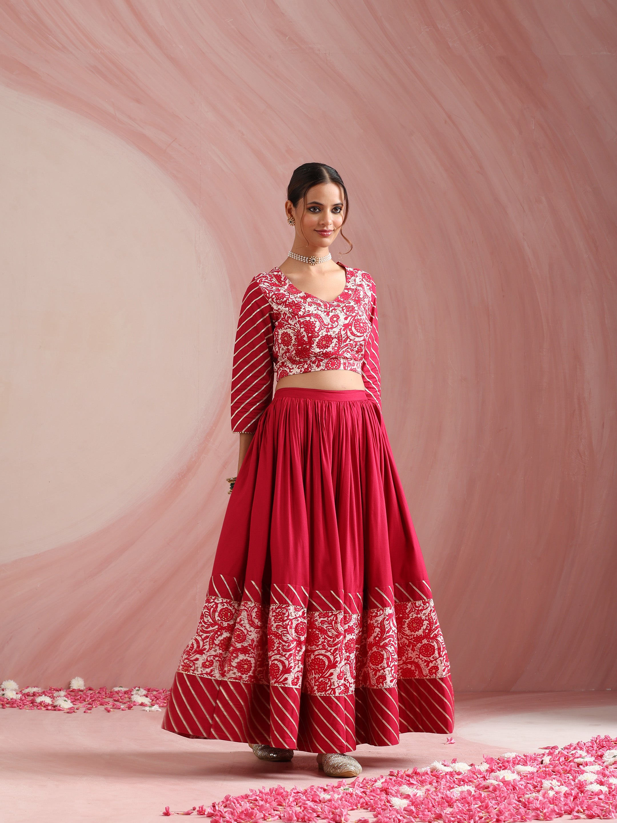 Pink Floral Printed Gotta Patti Ready to Wear Lehenga & Choli With Dupatta