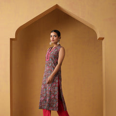 Khushal K Floral Printed Mandarin Collar Pure Cotton Straight Kurta set