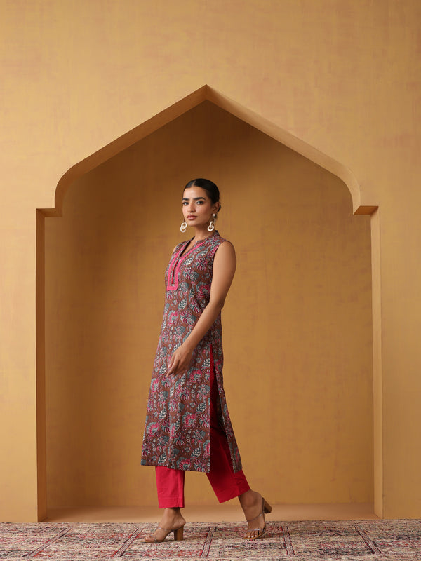 Khushal K Floral Printed Mandarin Collar Pure Cotton Straight Kurta set