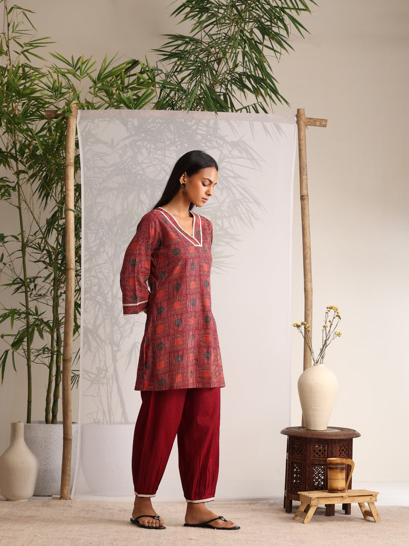 Khushal K Women Cotton kurti and Afghani Salwar with dupatta set - Maroon