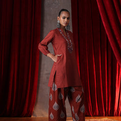 Khushal K Women Cotton kurta and Farsi salwar set - Rust