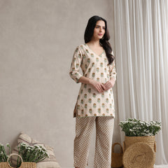 Floral Printed Cotton V-Neck Tunic With Trouser Co-Ords